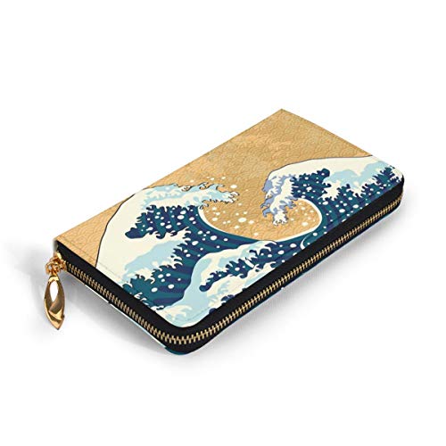 Women's Long Leather Card Holder Purse Zipper Buckle Elegant Clutch Wallet, Sea Storm In Japan Traditional Drawing Foamy,Sleek and Slim Travel Purse