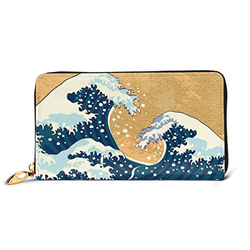 Women's Long Leather Card Holder Purse Zipper Buckle Elegant Clutch Wallet, Sea Storm In Japan Traditional Drawing Foamy,Sleek and Slim Travel Purse