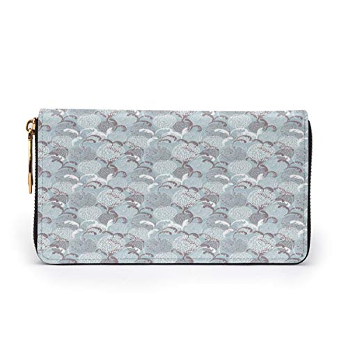 Women's Long Leather Card Holder Purse Zipper Buckle Elegant Clutch Wallet, Soft Toned Spring Petals Ornamental Eco Shabby Chic Herbs Classic Print,Sleek and Slim Travel Purse