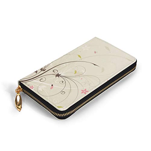 Women's Long Leather Card Holder Purse Zipper Buckle Elegant Clutch Wallet, Spring Field Bouquet Shabby Chic Abstract Blossom Greenland Graphic Art,Sleek and Slim Travel Purse