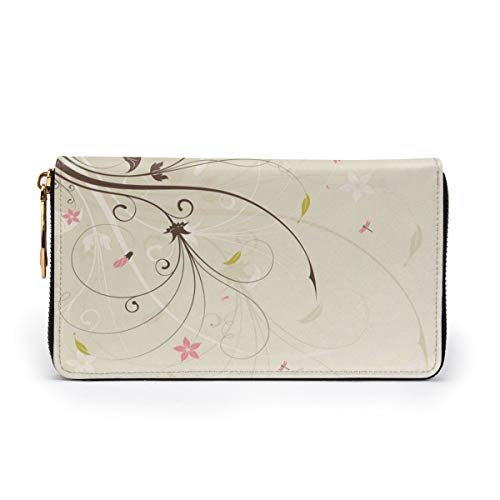Women's Long Leather Card Holder Purse Zipper Buckle Elegant Clutch Wallet, Spring Field Bouquet Shabby Chic Abstract Blossom Greenland Graphic Art,Sleek and Slim Travel Purse