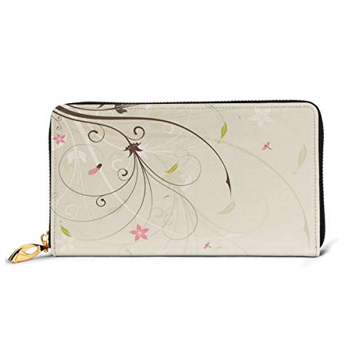 Women's Long Leather Card Holder Purse Zipper Buckle Elegant Clutch Wallet, Spring Field Bouquet Shabby Chic Abstract Blossom Greenland Graphic Art,Sleek and Slim Travel Purse