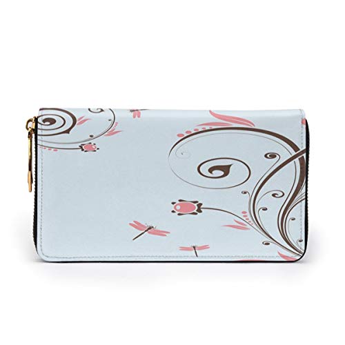 Women's Long Leather Card Holder Purse Zipper Buckle Elegant Clutch Wallet, Swirled Shabby Chic Blossom Branches Fragrance Essence Theme,Sleek and Slim Travel Purse