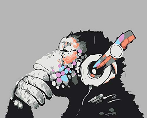 WONZOM DIY Pintura al óleo Pintar por Numeros Kit sobre Lienzo para Adultos Niños Principiantes Gorila Escuchando música (16 * 20 Pulgadas, Sin Marco)