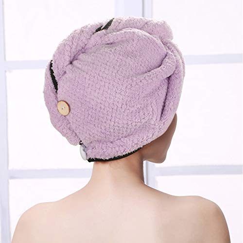 WOSTOO Toallas para Secar el Pelo 2pcs, Cabello Turbante de Secado rápido Coral Fleece con Botón del Abrigo, para en Ducha, SPA, Maquillaje (Marrón, Púrpura/Extra 2 Negro Cintas para el Pelo)