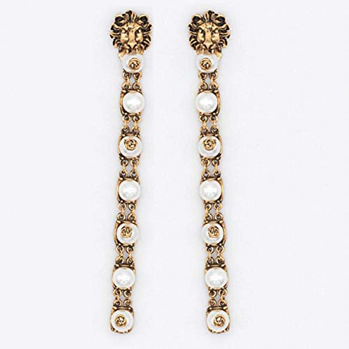 WOVP Pendientes Elegantes Pendientes Largos con Forma De Cabeza De León Y Perlas Largas para Mujer OL Accesorios Chapado En Oro