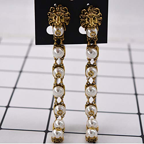 WOVP Pendientes Elegantes Pendientes Largos con Forma De Cabeza De León Y Perlas Largas para Mujer OL Accesorios Chapado En Oro