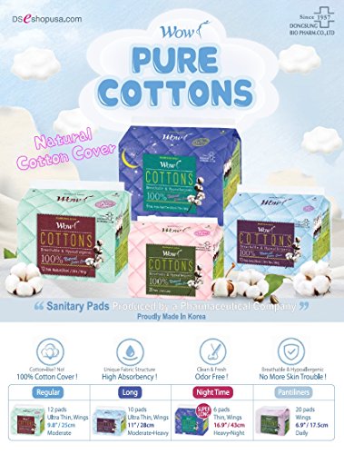 WOW 100% algodón Sanitario, Servilletas para mujeres, Servilletas Sanitarias con alas Diario Sin Perfumar Natural, Transpirable, Hipoalergénico Piel Sensible (Tamaño Largo)