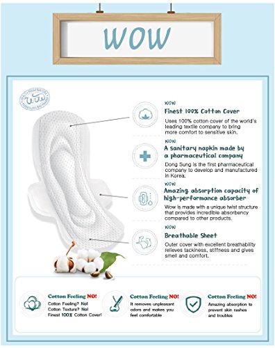 WOW 100% algodón Sanitario, Servilletas para mujeres, Servilletas Sanitarias con alas Diario Sin Perfumar Natural, Transpirable, Hipoalergénico Piel Sensible (Tamaño Largo)