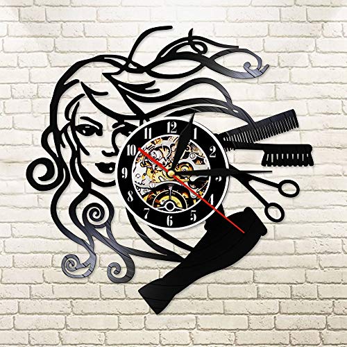 wtnhz LED-Peluquería salón de Belleza Disco de Vinilo Reloj de Pared peluquería salón peluquería Retro Reloj de Pared Negro peluquería Regalo para Mujer