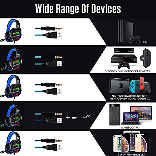 WZTO Auriculares Gaming para PS4, PC, Xbox One, Auriculares con Micrófono RGB LED, Casco Gaming Auriculares para Nintendo Switch Playstation móvil Computadora Móvil