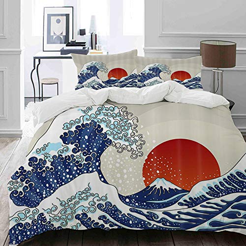 XINGAKA Funda nórdica Estampada，Ocean Wave Ancient Great Japan Wave y Red Sun Sunrise Scenery Estilo japonés Náutico，Conjunto de Ropa de Cama de poliéster de 3 Piezas 220 * 240cm