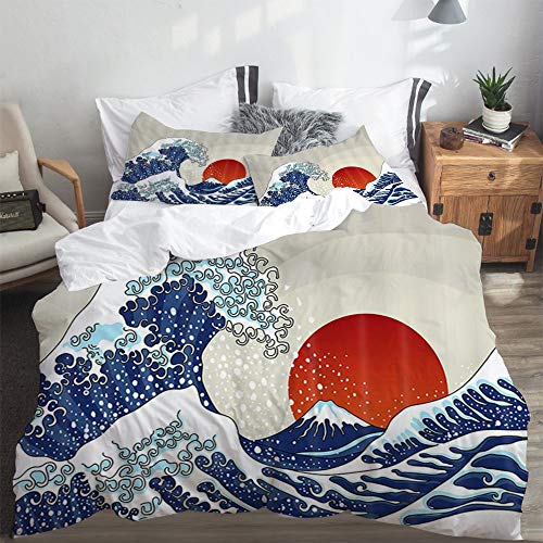 XINGAKA Funda nórdica Estampada，Ocean Wave Ancient Great Japan Wave y Red Sun Sunrise Scenery Estilo japonés Náutico，Conjunto de Ropa de Cama de poliéster de 3 Piezas 220 * 240cm