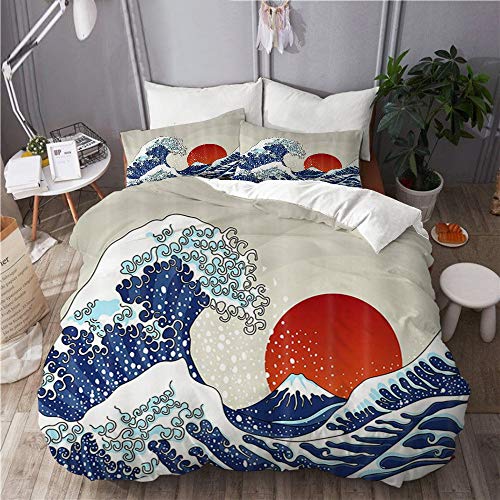 XINGAKA Funda nórdica Estampada，Ocean Wave Ancient Great Japan Wave y Red Sun Sunrise Scenery Estilo japonés Náutico，Conjunto de Ropa de Cama de poliéster de 3 Piezas 220 * 240cm