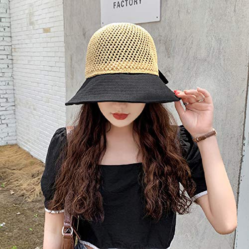 Xme Sombrero de Pescador de Punto con Costura Calada, Sombrero para el Sol de ala Ancha de protección Solar, Sombrero de Cuenca Coreana para Mujer