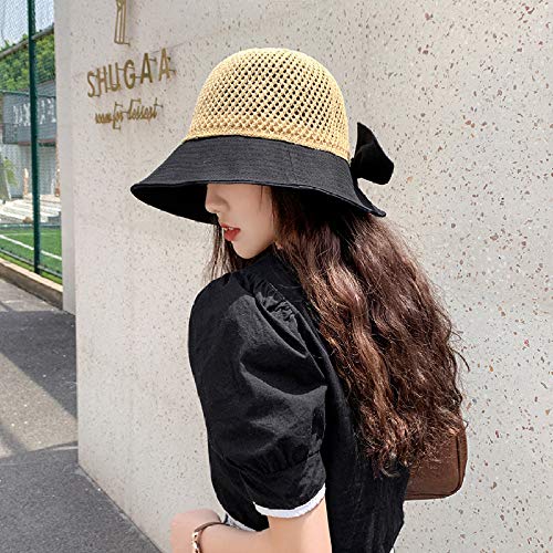 Xme Sombrero de Pescador de Punto con Costura Calada, Sombrero para el Sol de ala Ancha de protección Solar, Sombrero de Cuenca Coreana para Mujer