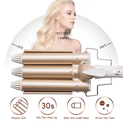 Xnuoyo Pinzas Rizadoras, Plancha rizador de pelo 3 tubos Cerámica Turmalina, Iron Wave Curler Multifunción Temperatura Ajustable con Guantes, Horquillas, Pinzas (25MM)