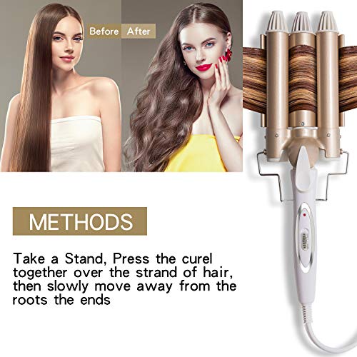 Xnuoyo Pinzas Rizadoras, Plancha rizador de pelo 3 tubos Cerámica Turmalina, Iron Wave Curler Multifunción Temperatura Ajustable con Guantes, Horquillas, Pinzas (25MM)