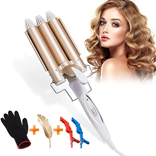 Xnuoyo Pinzas Rizadoras, Plancha rizador de pelo 3 tubos Cerámica Turmalina, Iron Wave Curler Multifunción Temperatura Ajustable con Guantes, Horquillas, Pinzas (25MM)