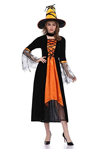 XSQR Halloween Cosplay Mujer Bruja Festival Fantasma Maquillaje Disfraz Amarillo Vestido,Orange,XL