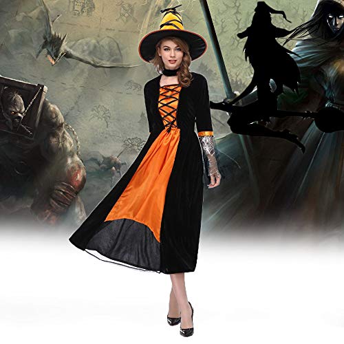 XSQR Halloween Cosplay Mujer Bruja Festival Fantasma Maquillaje Disfraz Amarillo Vestido,Orange,XL