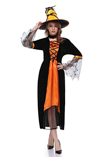 XSQR Halloween Cosplay Mujer Bruja Festival Fantasma Maquillaje Disfraz Amarillo Vestido,Orange,XL