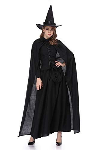 XSQR Halloween Cosplay Mujer Bruja Festival Fantasma Maquillaje Disfraz Negro Vestido Capa,Black,L
