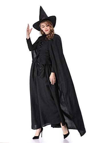 XSQR Halloween Cosplay Mujer Bruja Festival Fantasma Maquillaje Disfraz Negro Vestido Capa,Black,L