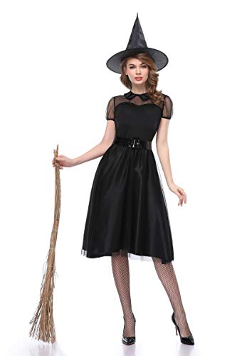 XSQR Halloween Cosplay Mujer Bruja Festival Fantasma Maquillaje Disfraz Negro Vestido,Black,XL
