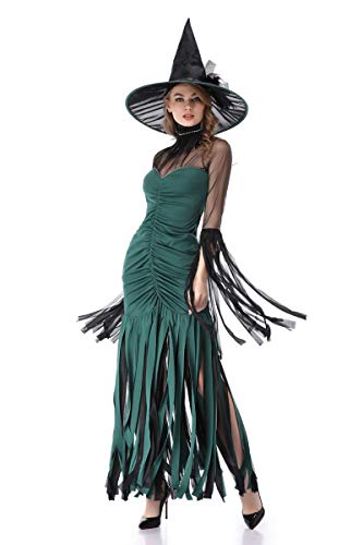 XSQR Halloween Cosplay Mujer Bruja Festival Fantasma Maquillaje Disfraz Verde Vestido,Green,M