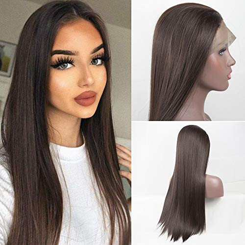 XUMENG Pelucas Frontales De Encaje Marrón Oscuro Seda De Colores Recta Resistente Al Calor Peluca Sintética De Fibra para Mujeres con Pelo Natural Y Pelo De Bebé,26inch