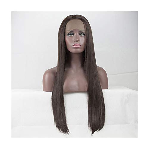 XUMENG Pelucas Frontales De Encaje Marrón Oscuro Seda De Colores Recta Resistente Al Calor Peluca Sintética De Fibra para Mujeres con Pelo Natural Y Pelo De Bebé,26inch