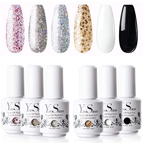 Y & S UV/LED Gel Nail Polish Sets Longwear Soak Off Gel de uñas con purpurina lavable a polaco barniz Manicura 8 ml - pack de 6