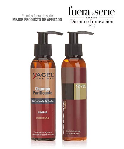 Yacel For Men - Pack Champú Purificante + Acondicionador | Barba más Suave e Hidratada | 95% Ingred. Naturales | Sin Parabenos | Con Aceite de Coco, Almendra y Creatina | Rápida Absorción - 250ml