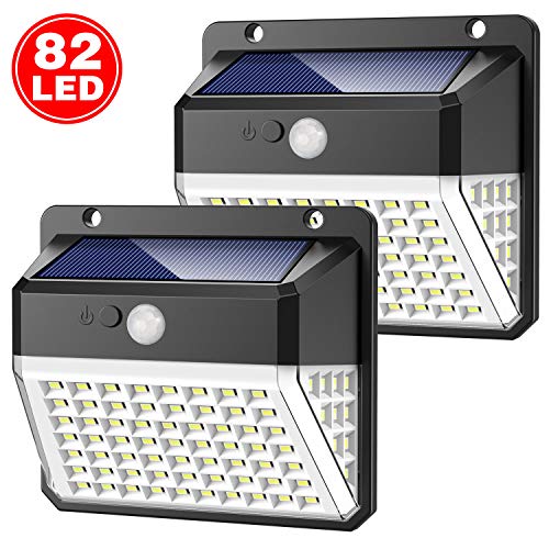 Yacikos Luz Solar Exterior 82 LED, Foco Solar Jardín 2000mAh, Lámpara Solar 270º Gran Angular de Iluminación con Sensor de Movimiento, Luces Solar Impermeable IP65 [2 Piezas]