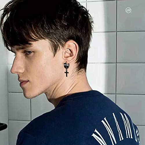 Yadoca 4 Pares Pendientes Cruz Plata Negro, Acero Inoxidable Pendientes para Hombre y Mujer, Pendientes de Aro con cruz