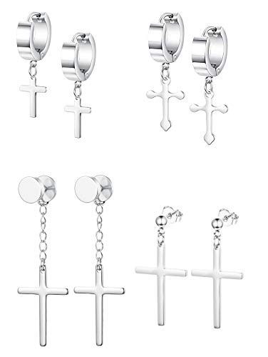 Yadoca 4 Pares Pendientes Cruz Plata Negro, Acero Inoxidable Pendientes para Hombre y Mujer, Pendientes de Aro con cruz