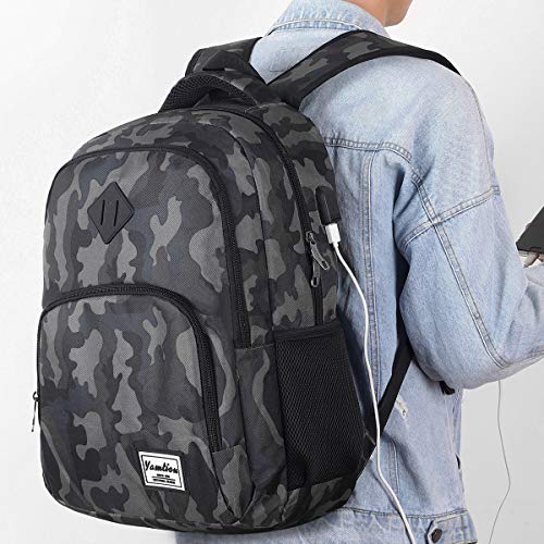 YAMTION Mochila Hombre Mochila Portatil con USB Puerto para Escolar Negocio- 35L (15.6 Pulgada, B6-Camuflaje Negro)