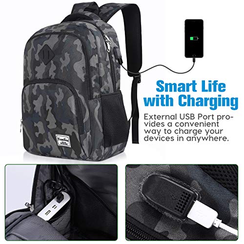 YAMTION Mochila Hombre Mochila Portatil con USB Puerto para Escolar Negocio- 35L (15.6 Pulgada, B6-Camuflaje Negro)