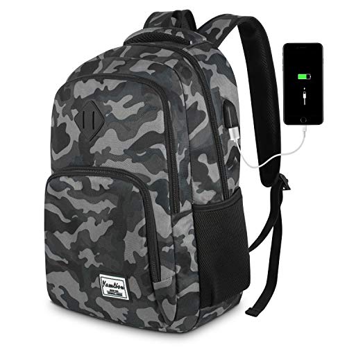 YAMTION Mochila Hombre Mochila Portatil con USB Puerto para Escolar Negocio- 35L (15.6 Pulgada, B6-Camuflaje Negro)