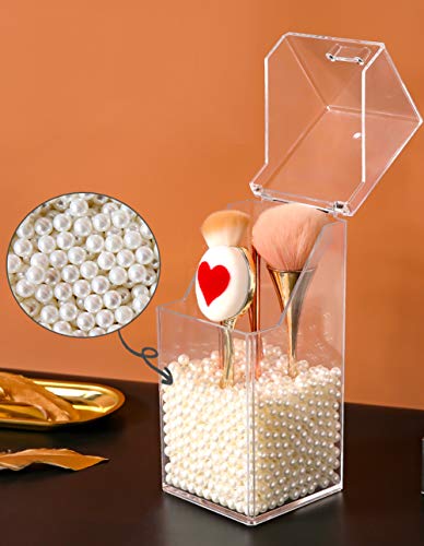 YANROO Organizador de Soporte de brochas de Maquillaje, organizadores de acrílico y Caja de Almacenamiento a Prueba de Polvo, Organizador de Maquillaje acrílico con Tapa, con Perla Blanca