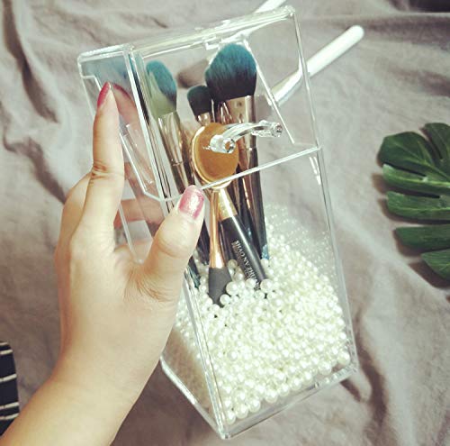 YANROO Organizador de Soporte de brochas de Maquillaje, organizadores de acrílico y Caja de Almacenamiento a Prueba de Polvo, Organizador de Maquillaje acrílico con Tapa, con Perla Blanca