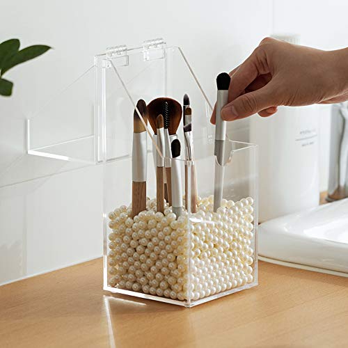 YANROO Organizador de Soporte de brochas de Maquillaje, organizadores de acrílico y Caja de Almacenamiento a Prueba de Polvo, Organizador de Maquillaje acrílico con Tapa, con Perla Blanca