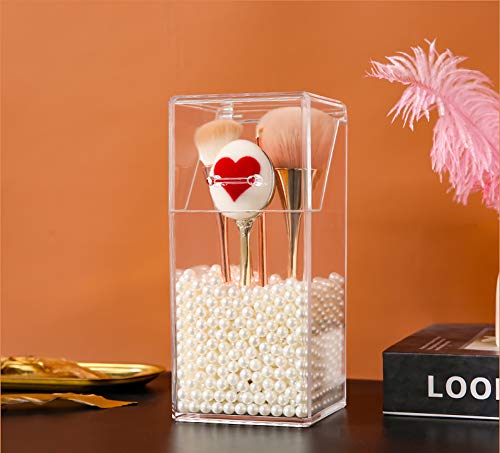 YANROO Organizador de Soporte de brochas de Maquillaje, organizadores de acrílico y Caja de Almacenamiento a Prueba de Polvo, Organizador de Maquillaje acrílico con Tapa, con Perla Blanca
