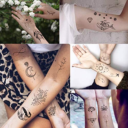 Yazhiji 60 hojas Pequeño tatuaje temporal a prueba de agua Luna Estrellas Constelaciones Música Brújula Ancla Palabras Líneas Flores para niños Adultos Hombres y mujeres
