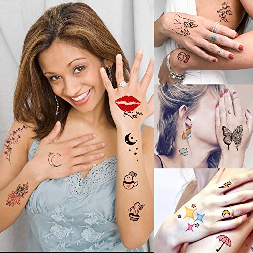 Yazhiji 60 hojas Pequeño tatuaje temporal a prueba de agua Luna Estrellas Constelaciones Música Brújula Ancla Palabras Líneas Flores para niños Adultos Hombres y mujeres