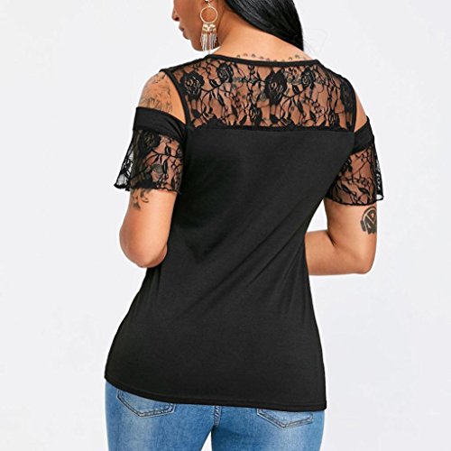 Yeamile Camiseta de Mujer Tops Suelto Blusa Causal Camisetas Ocasionales Camiseta Negra de Las Mujeres Moda Blusa de Manga Corta O-Cuello Flor Tops de Encaje (Negro, XL)