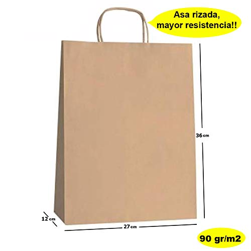 Yearol K07 25 Bolsas de papel kraft marron grandes con asas. 36 * 27 * 12 Para regalos, eventos, bodas, cumpleaños, comercio, compra, venta, manualidades, embalaje, transporte, eventos. Base plana.