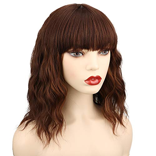 YEESHEDO Peluca corta ondulada marrón para mujer, pelucas pelo natural ondulada sedosa y ondulada para mujeres Niñas Peluca de sintética fibra resistente al calor con flequillo natural cosplay 14"