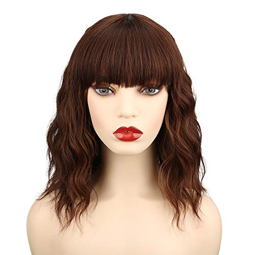 YEESHEDO Peluca corta ondulada marrón para mujer, pelucas pelo natural ondulada sedosa y ondulada para mujeres Niñas Peluca de sintética fibra resistente al calor con flequillo natural cosplay 14"